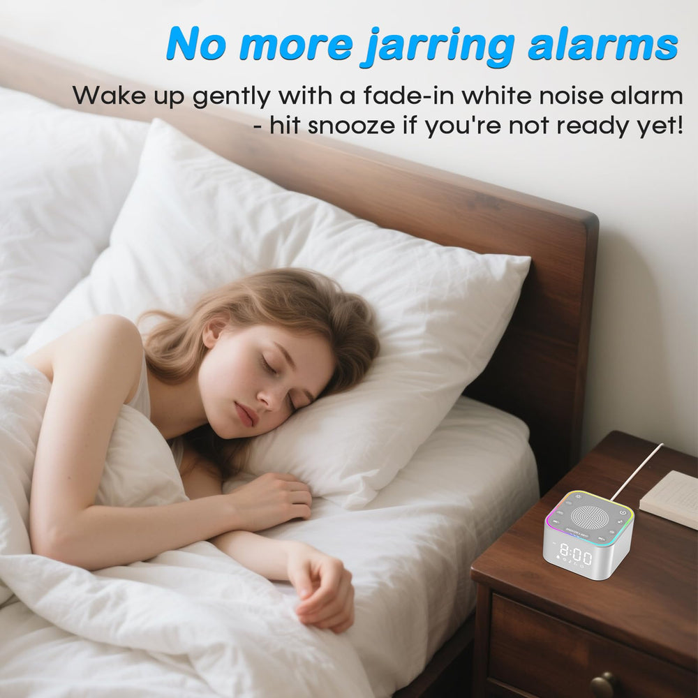 Wkzay White Noise Sound Machine in use with alarm clock for gentle mornings.