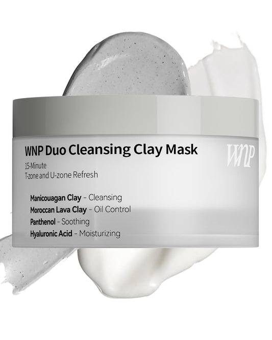 WNP Duo Cleansing Clay Mask texture closeup shows creamy clay formula for deep cleansing.