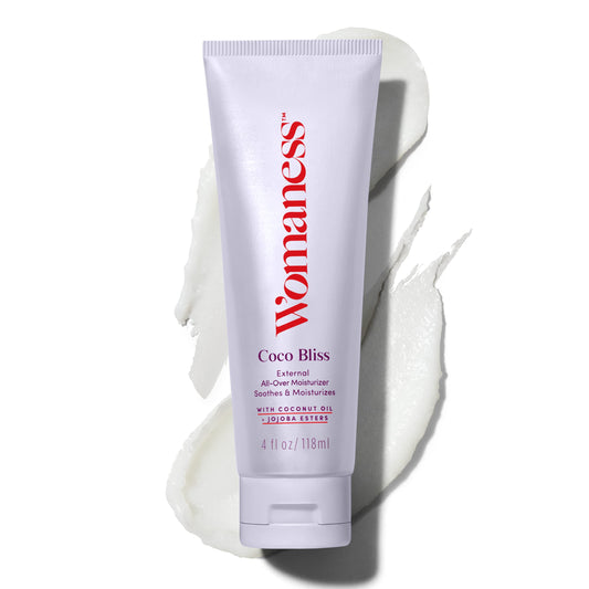 Womaness Coco Bliss bottle with pour supports easy daily moisturization for intimate skin.