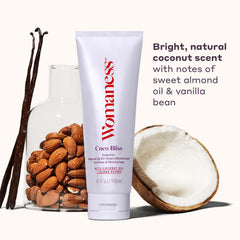 Womaness Coco Bliss ingredients highlight coconut oil and jojoba esters for deep hydration.