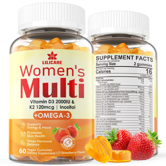 Product shot of Women's Multivitamin Gummies with Omega-3 and 60-count bottle