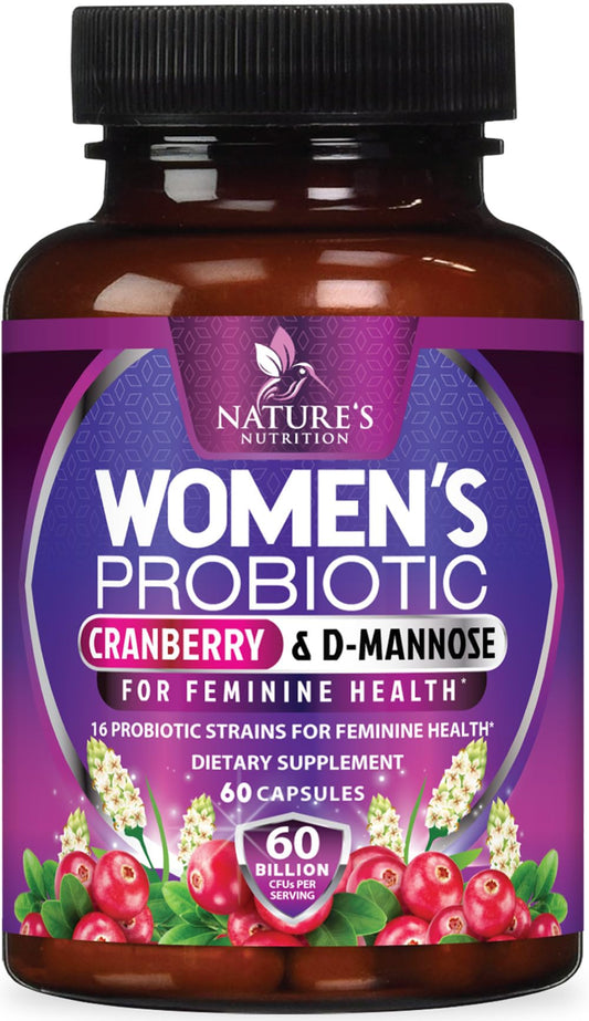 Womens probiotic bottle with 60B CFU and 16 strains with cranberry