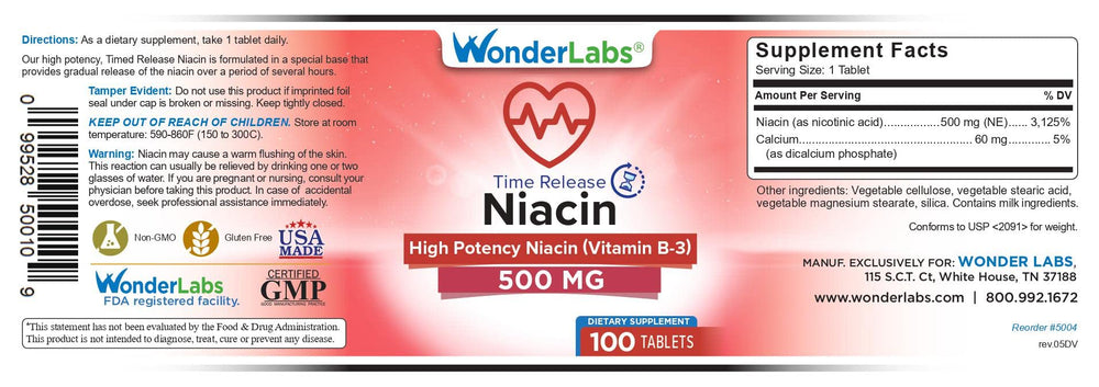 Close-up view of Niacin Time Release 500 mg label