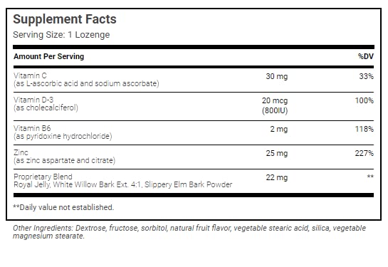 Ingredients include royal jelly, white willow bark extract, and slippery elm bark powder