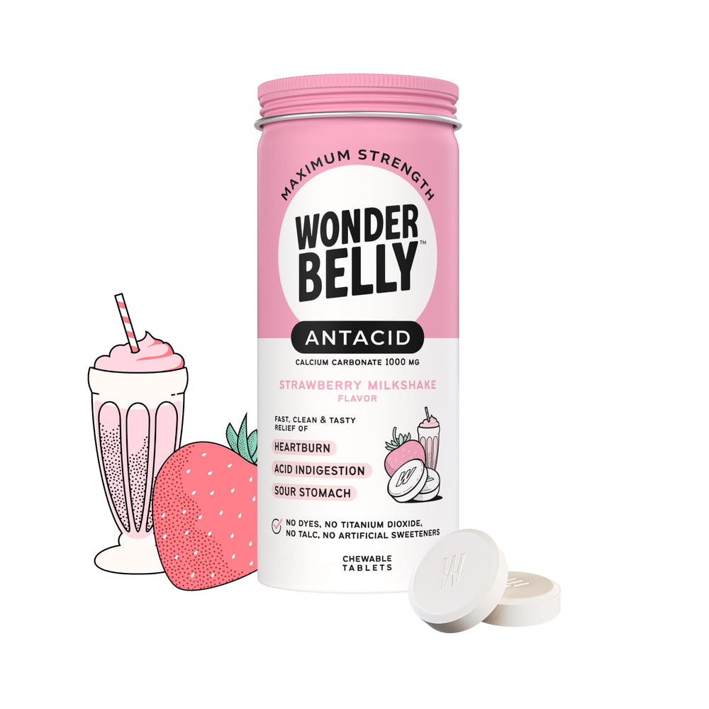 Wonderbelly antacid bottle front with strawberry milkshake flavor for quick, on-the-go relief.