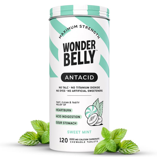 Wonderbelly antacid canister (120 count) provides quick heartburn relief on the go.