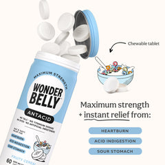 Wonderbelly antacid canister 60-count, convenient home and work storage.