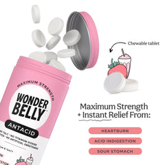 Wonderbelly antacid chews strawberry-milkshake flavor for quick, tasty relief.