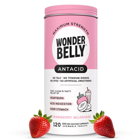 Wonderbelly antacid front-canister for convenient heartburn relief on the go.
