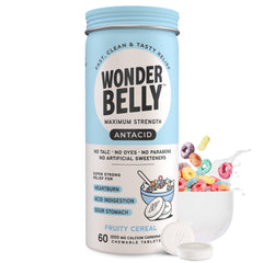 Wonderbelly fruity cereal tablets close-up, quick relief on the go.