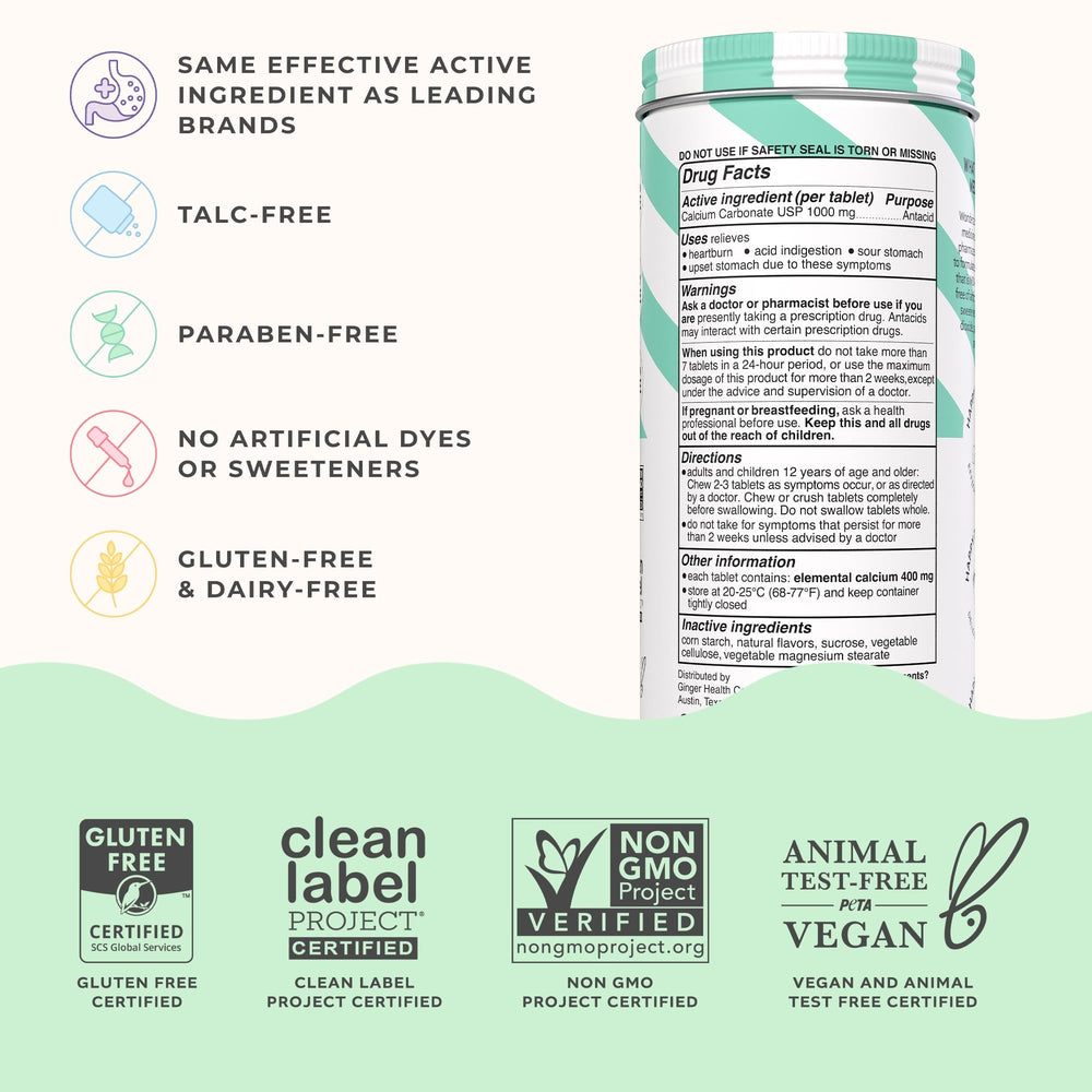Wonderbelly antacid ingredient label highlights 1000 mg calcium carbonate and clean ingredients.