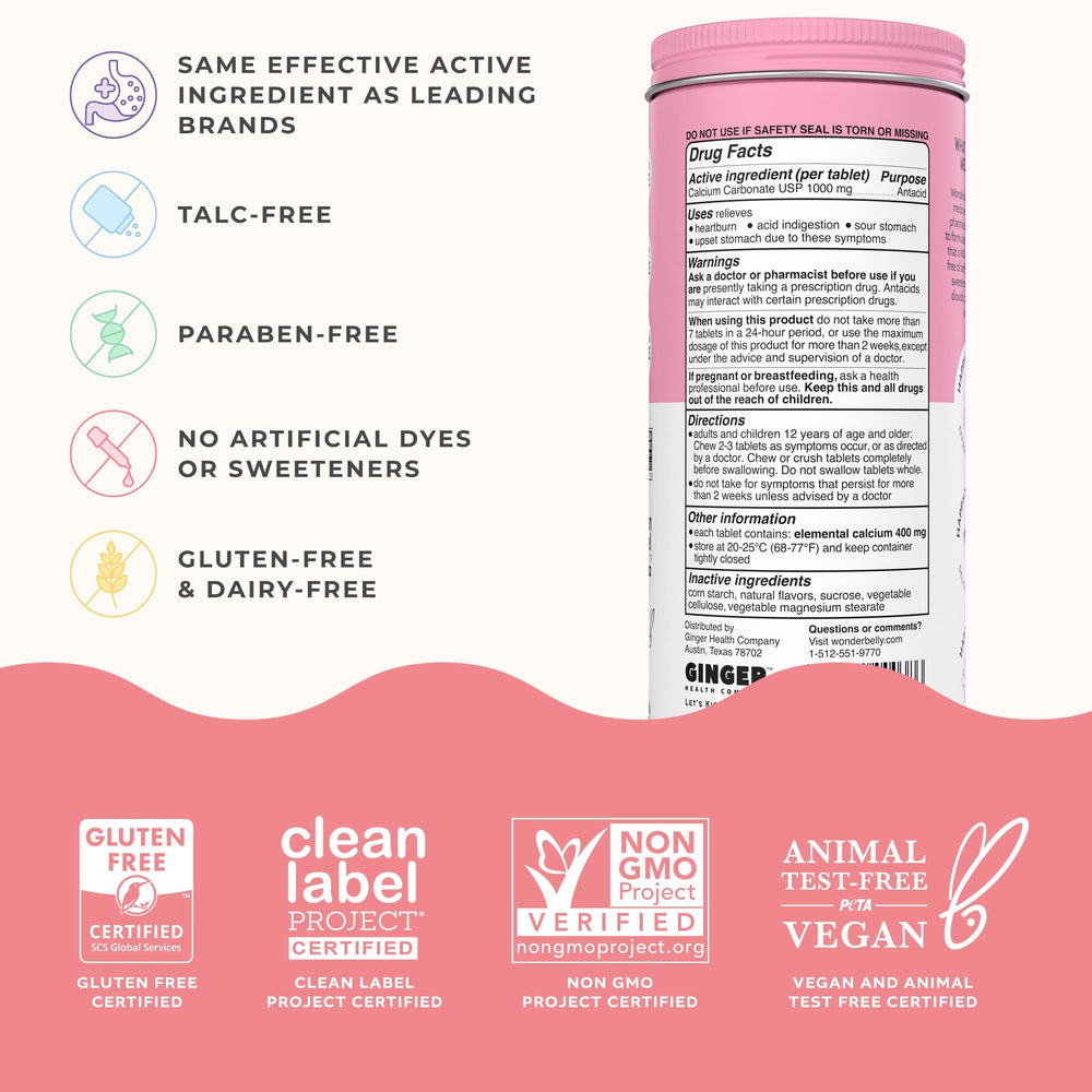 Wonderbelly antacid ingredients list shows clean, vegan, non-GMO formula.