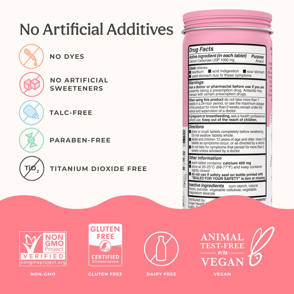Wonderbelly antacid strawberry milkshake tablets, 1000 mg calcium carbonate each.