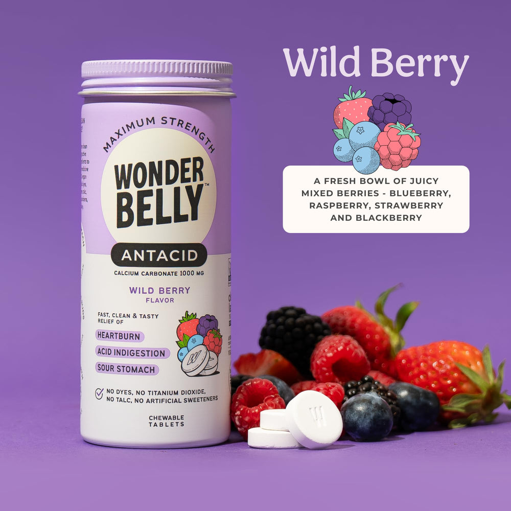 Wonderbelly antacid wild berry chewables provide quick sour stomach relief