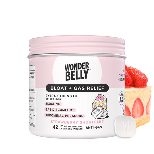 Wonderbelly Bloat Gas Relief bottle front view, compact and desk-friendly for on-the-go relief.