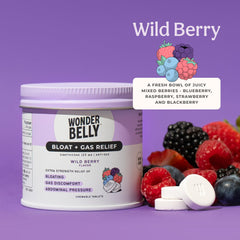Wonderbelly Wild Berry chewables close-up for flavor and quick comfort during bloating