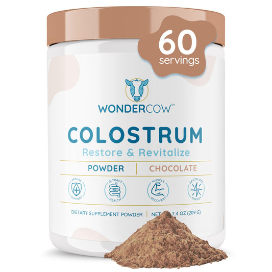 WONDERCOW chocolate colostrum powder jar with label – 60 servings