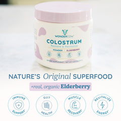 Close-up of WonderCow Colostrum Powder with Elderberry flavor label