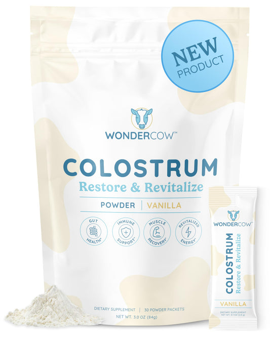 WonderCow Colostrum Vanilla Powder bottle front view