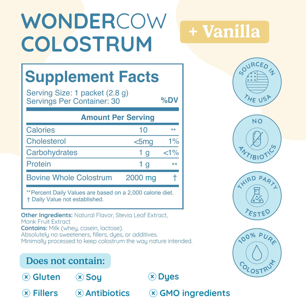 Close-up of 100% whole bovine colostrum powder