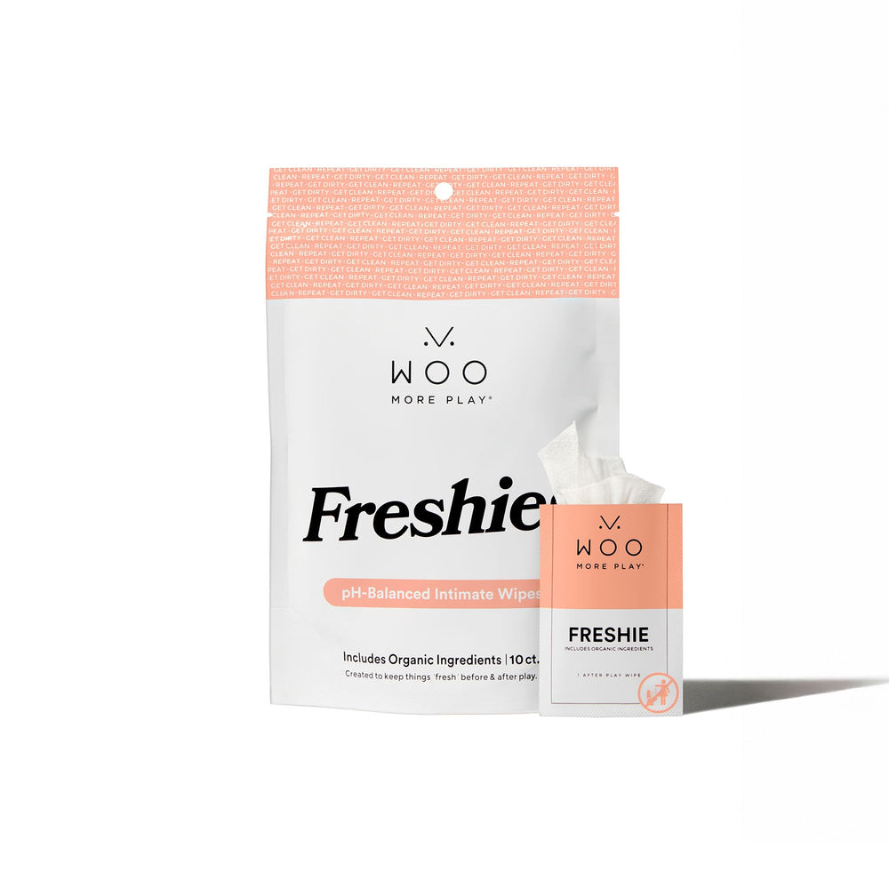 Woo More Play Freshies packaging for discreet on-the-go freshness.