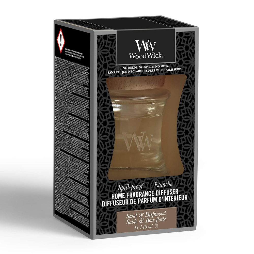 WoodWick Spill-Proof Diffuser Sand & Driftwood creates calm coastal mood everywhere