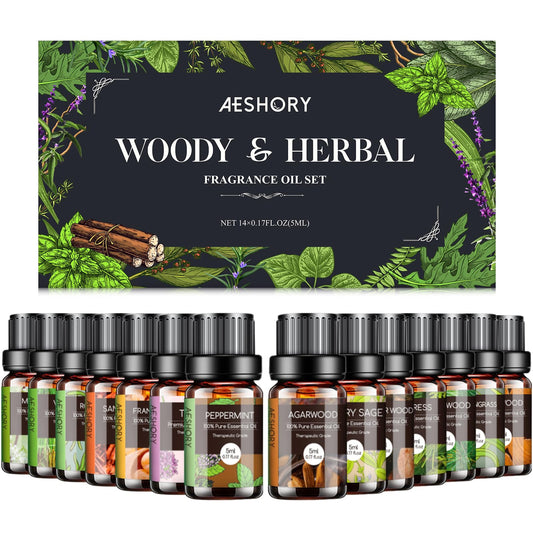 Woody & Herbal Essential Oils Set with 14 bottles of 5ml each