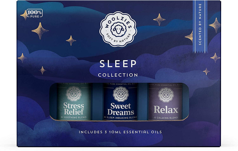Woolzies Sleep Collection Essential Oil Blend Set featuring Sweet Dreams, Relax, and Stress Free oils