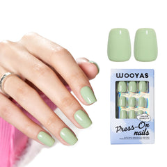 Wooyas short square press-on nails in matcha green offer a lightweight, salon-like at-home manicure.
