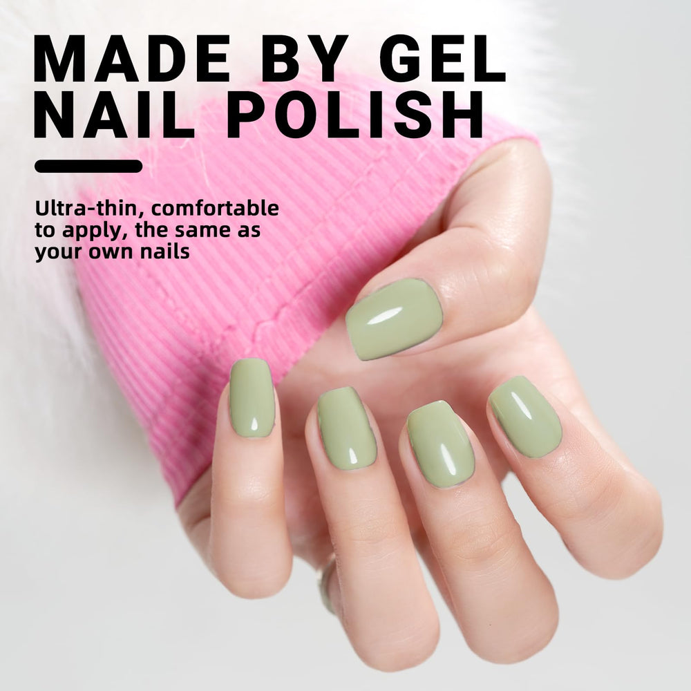 Matcha green Wooyas nails provide comfortable wear with quick five-minute application at home.