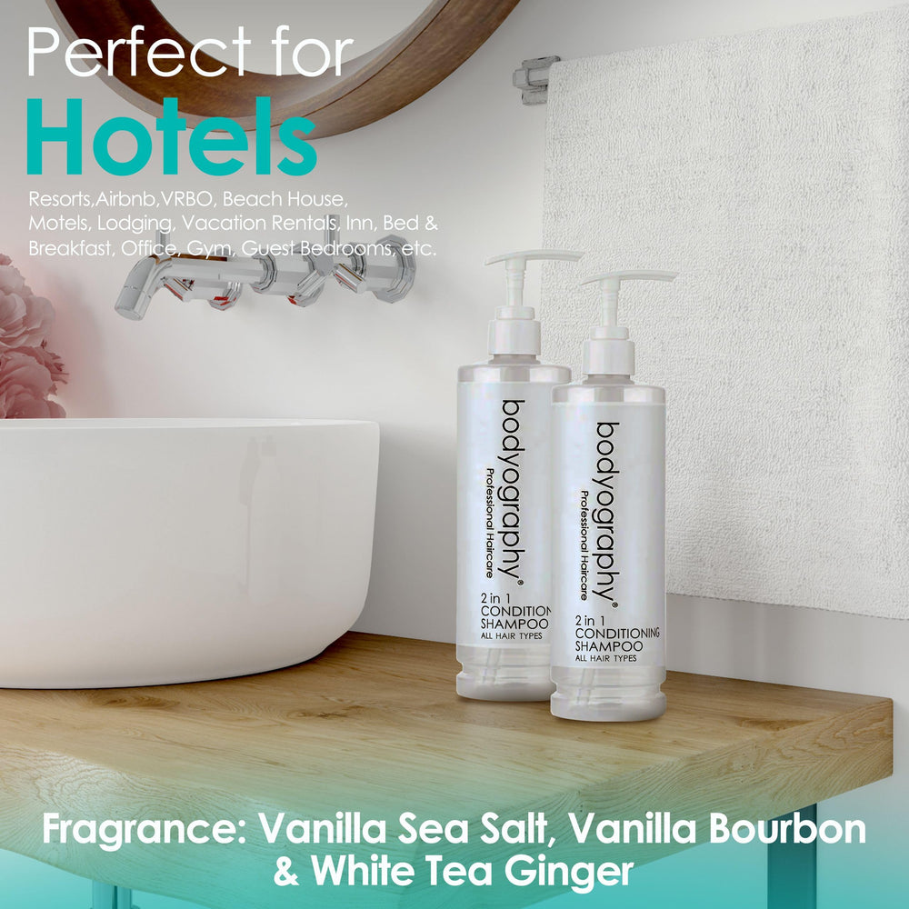 World Amenities Bodyography Blanc bottle with shampoo foam shows quick, all-in-one hair care