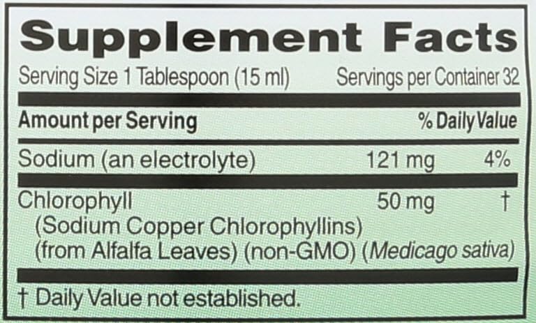 Nutritional information and container details for World Organic Chlorophyll Mint