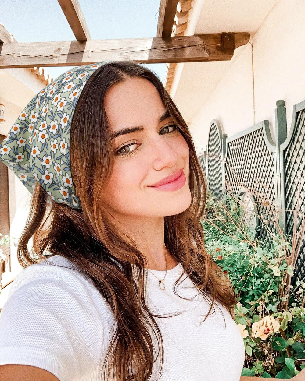 WOVOWOVO floral bandana worn as headband keeps hair in place