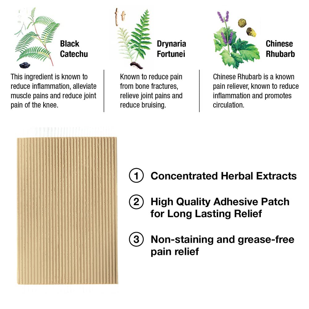 Wu Yang brand pain-relieving plaster application demonstrates patch placement on skin.