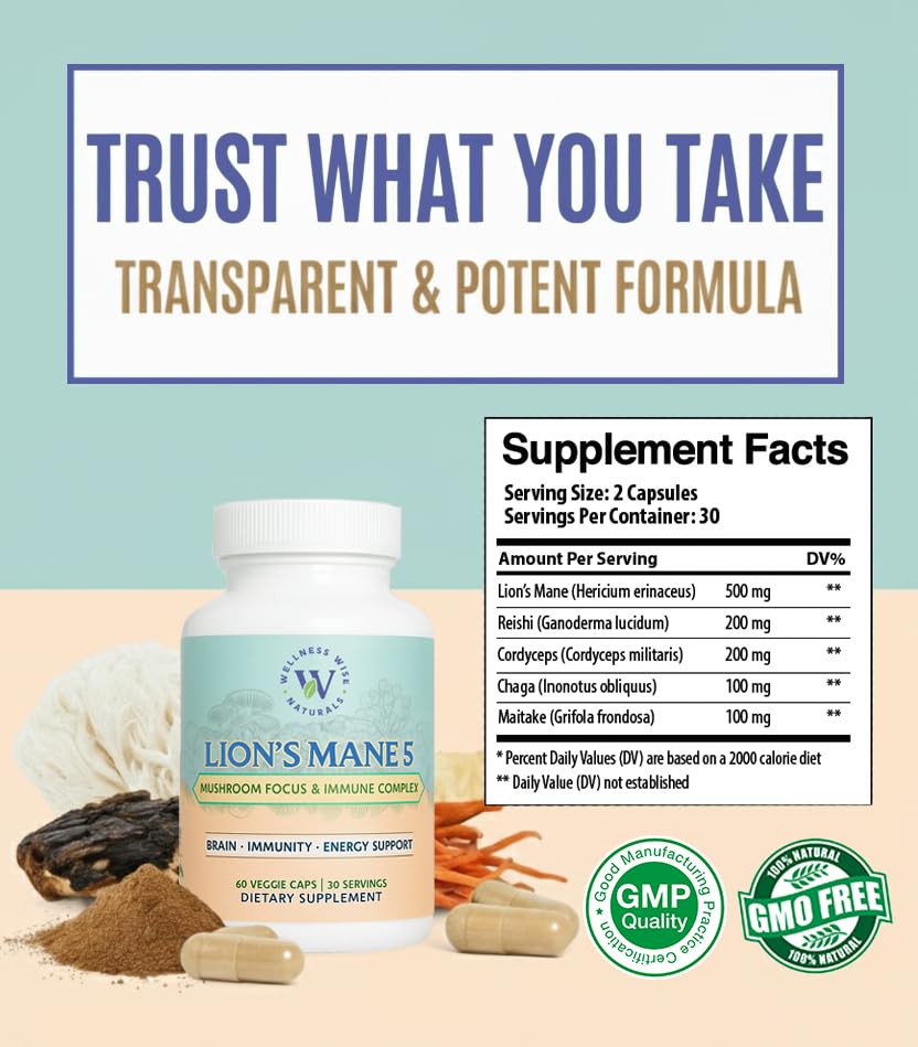 Wellness Wise Naturals Lion's Mane 5-Mushroom Complex bottle back label