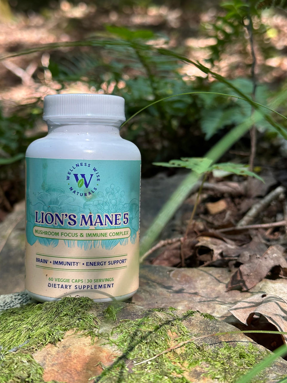 Packaging shot of Wellness Wise Naturals Lion's Mane 5-Mushroom Complex bottle