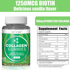 Close-up of ingredients: hydrolyzed collagen, biotin, zinc, and vitamins C & E
