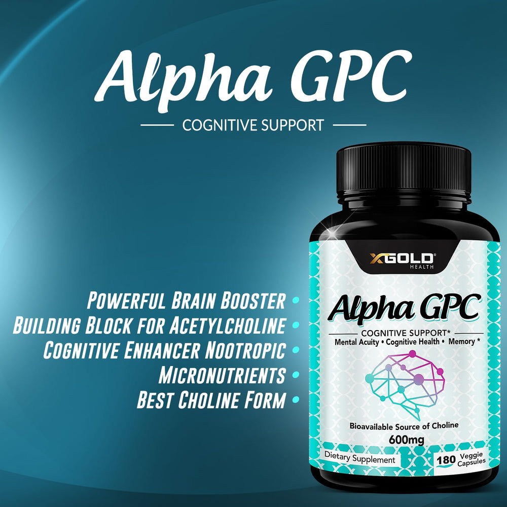 X Gold Health Alpha GPC bottle with a glass of water for easy daily intake