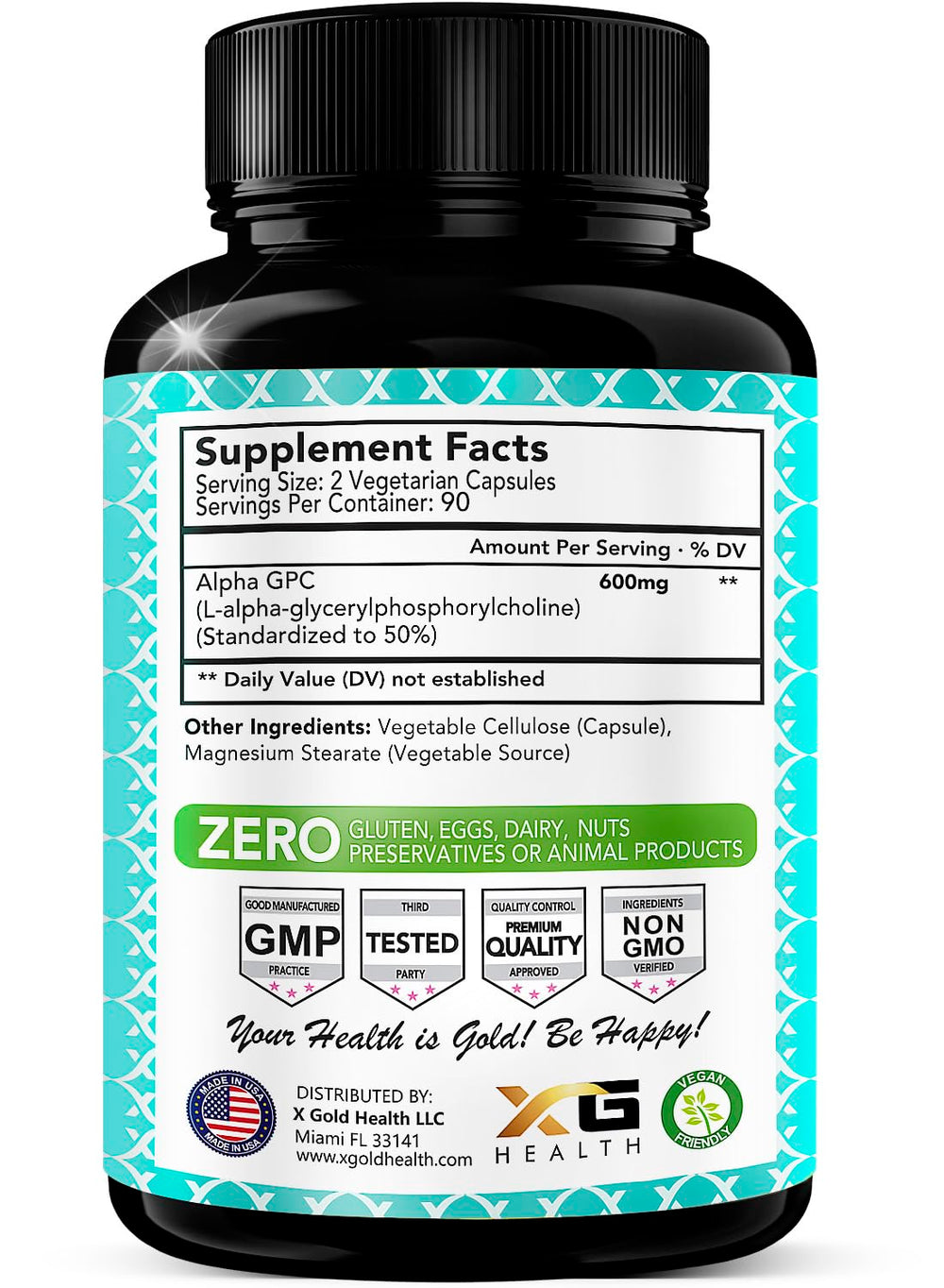 X Gold Health Alpha GPC capsules close-up showing vegan capsules for daily focus