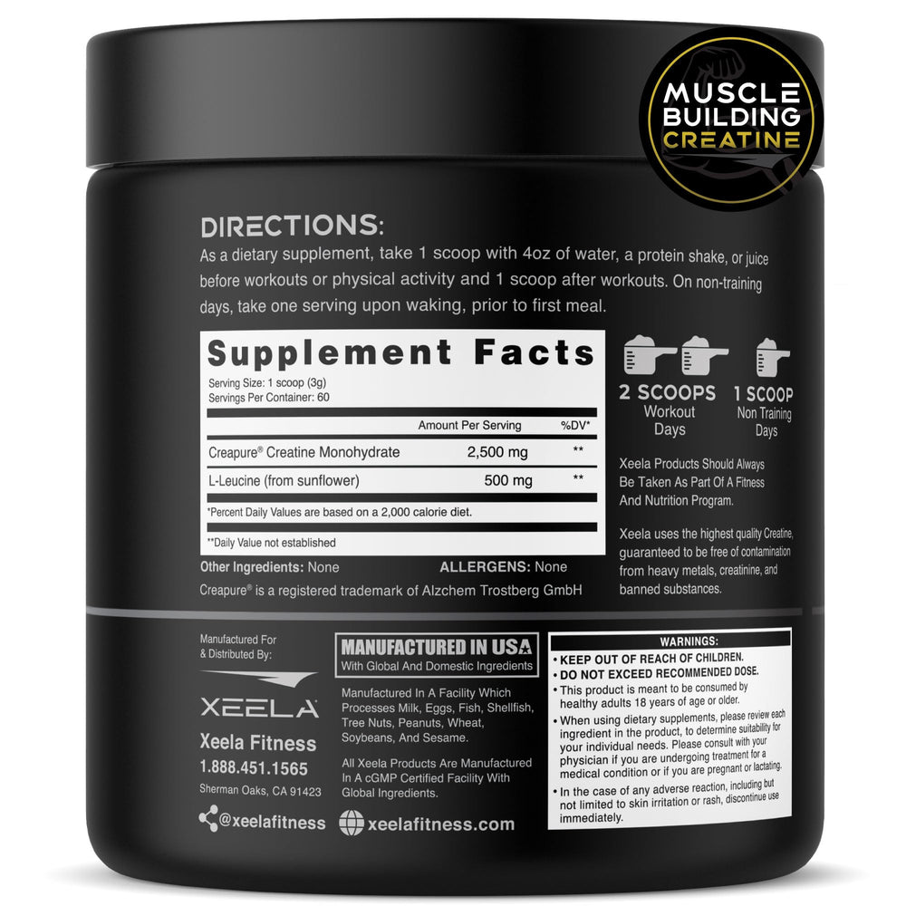 XEELA Creatine Unflavored 60 Servings bottle close-up