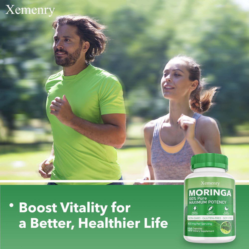 Green superfood imagery with moringa capsules and leaves