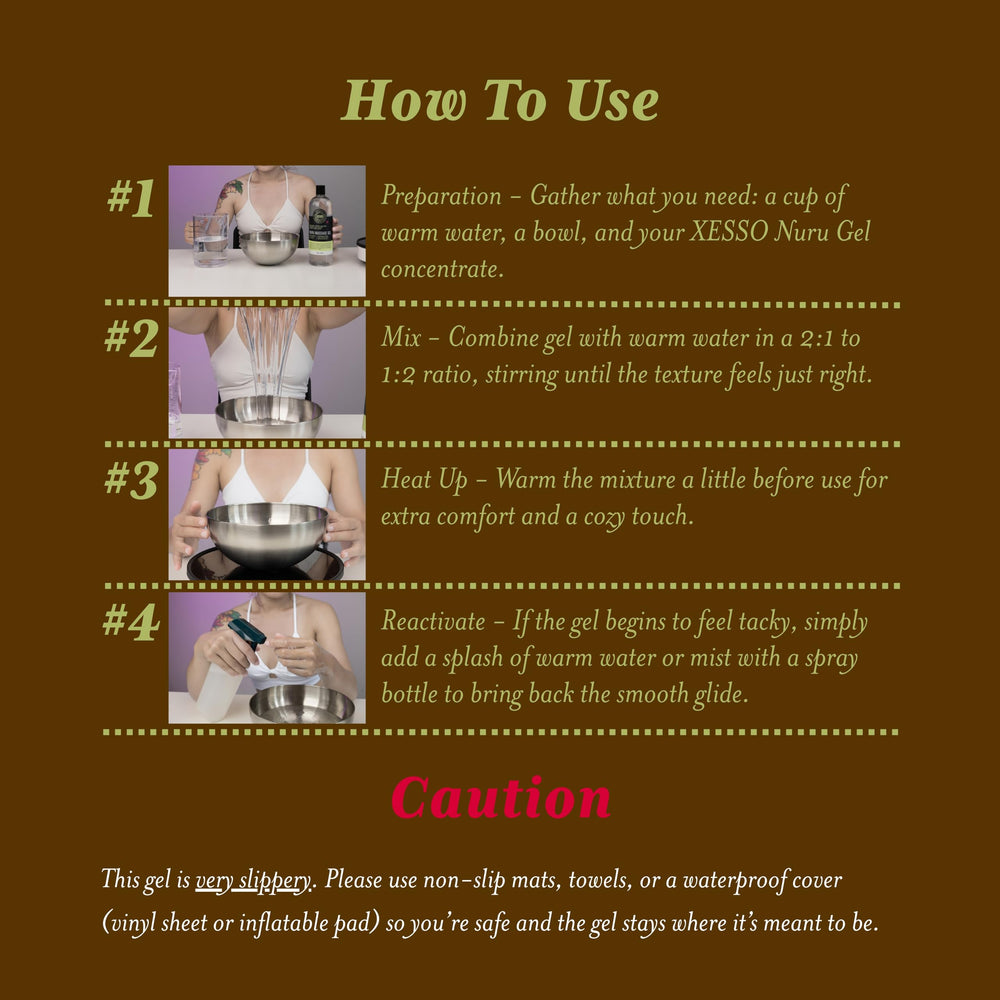 Clear, colorless water-based Nuru gel that washes off easily