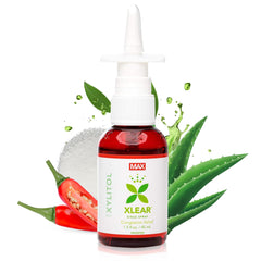 Xlear MAX nasal spray bottle showing xylitol-based formula for gentle sinus relief