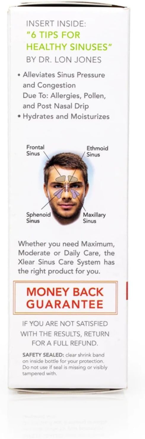 Xlear nasal solution close-up label emphasizing natural non-GMO formula