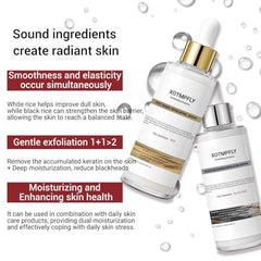 XOTMPFLY texture close-up shows black and white rice extracts for smoother skin.