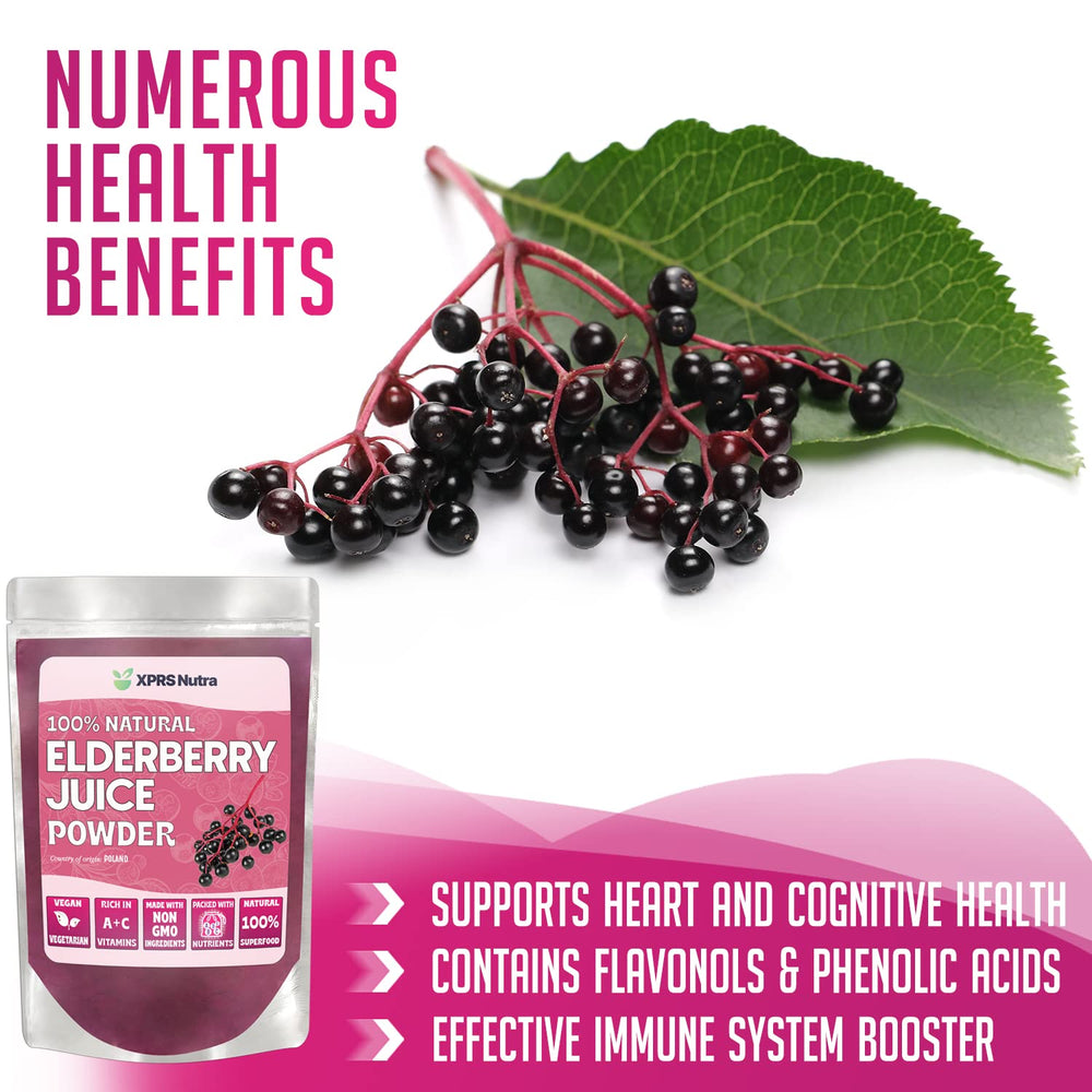 Scoop dispensing elderberry juice powder