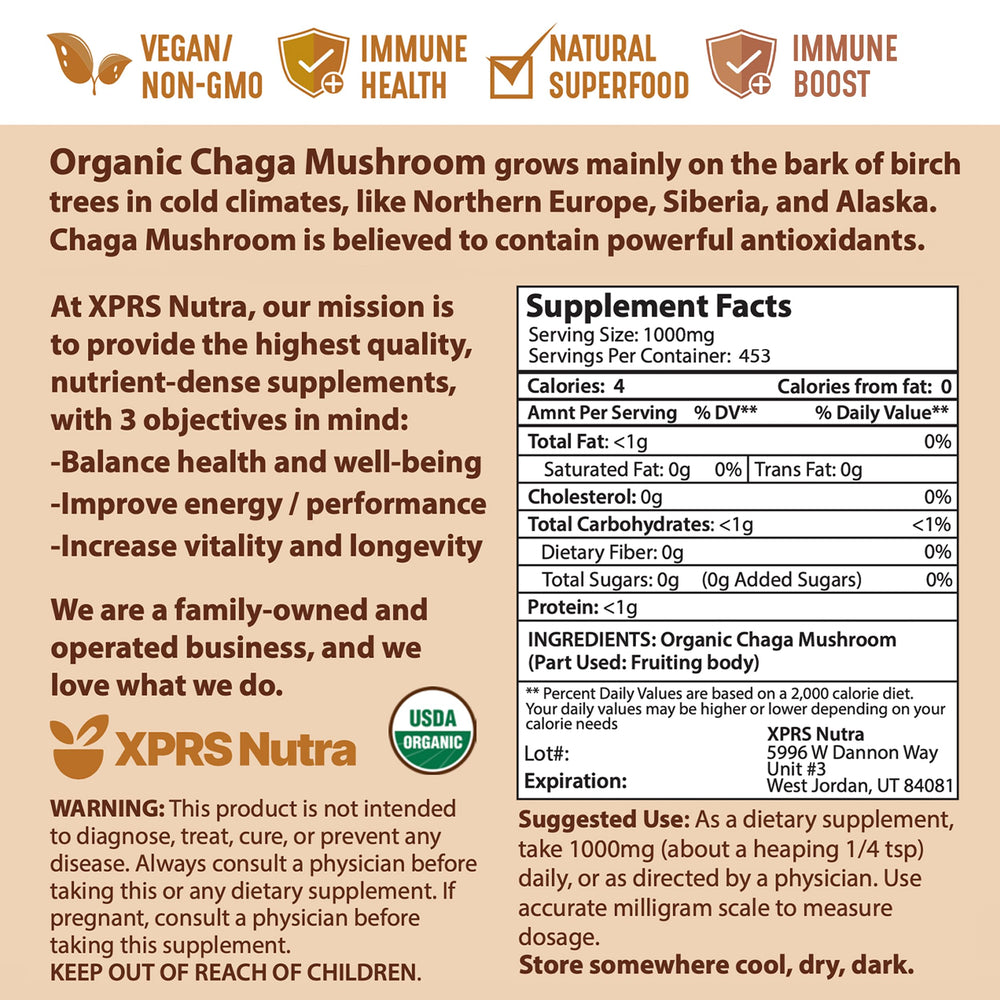 Premium USDA Organic Chaga mushrooms packaging