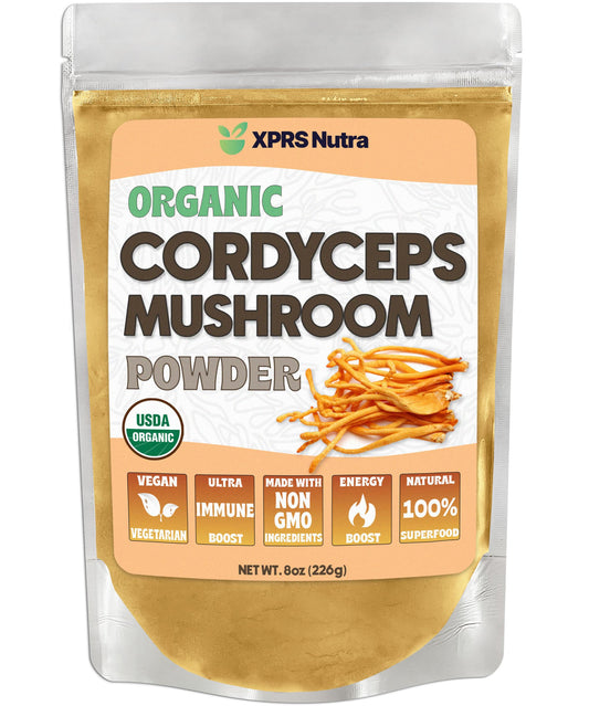 XPRS Nutra Organic Cordyceps Mushroom Powder 8 oz jar front view