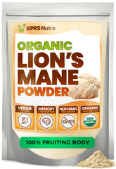 XPRS Nutra Organic Lion's Mane powder packaging highlighting organic brain support