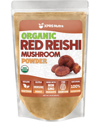 Close-up of XPRS Nutra Organic Red Reishi Mushroom Powder 16 oz jar label